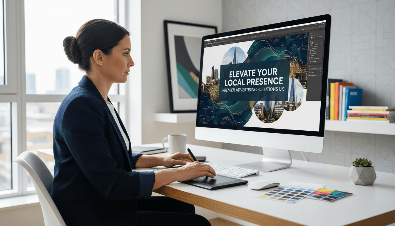 Designer crafting premium leaflet layout in a bright, modern workspace with clean design tools